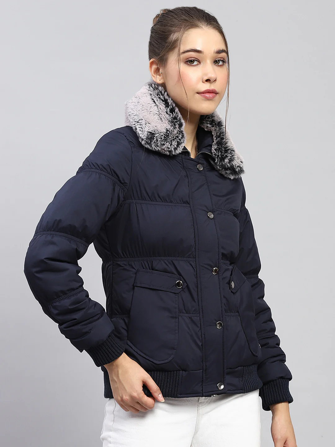 Women Navy Blue Solid Collar Full Sleeve Jacket - Image 4