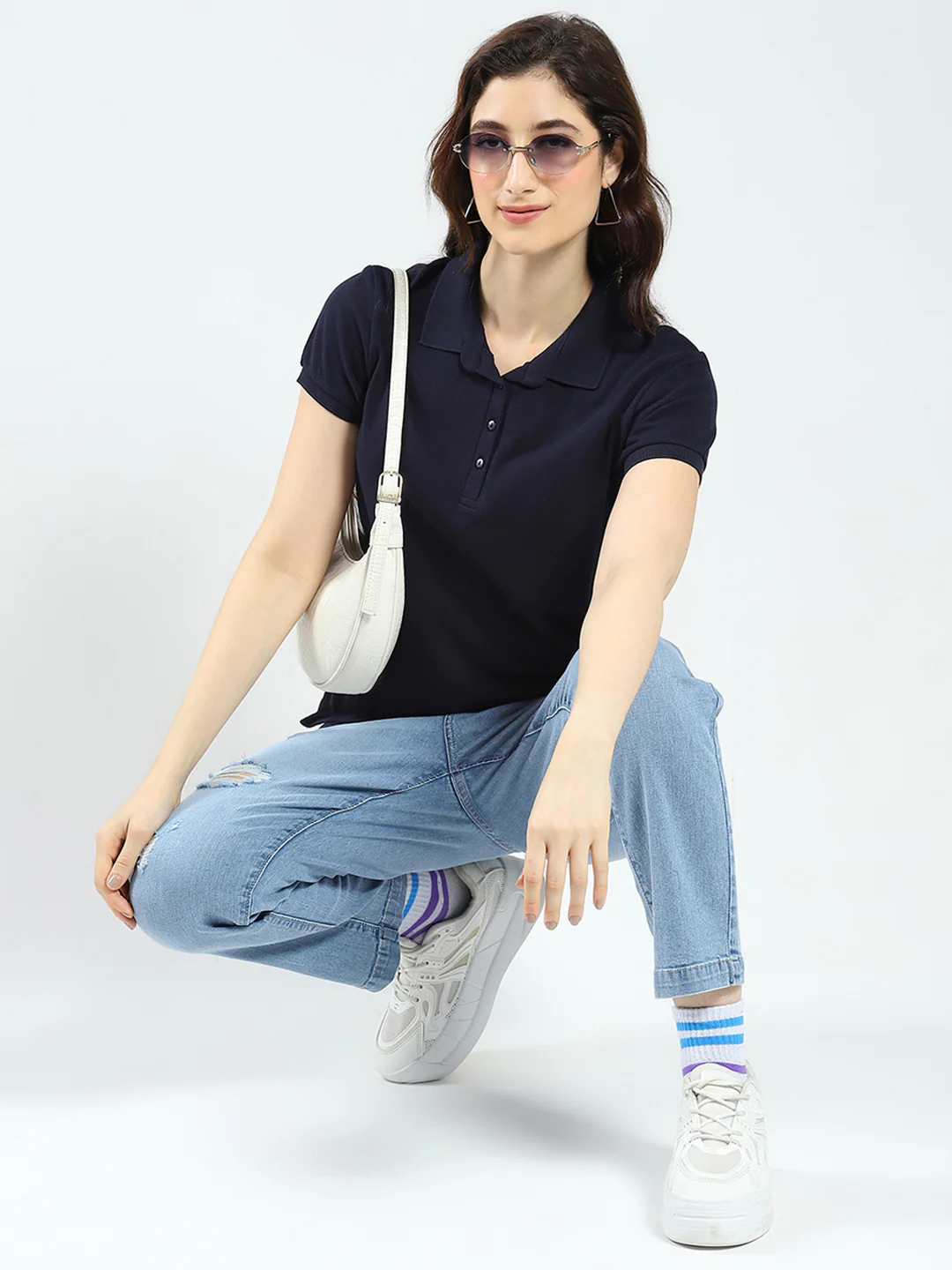 Women Navy Blue Solid Collar Half Sleeve T-Shirt - Image 2