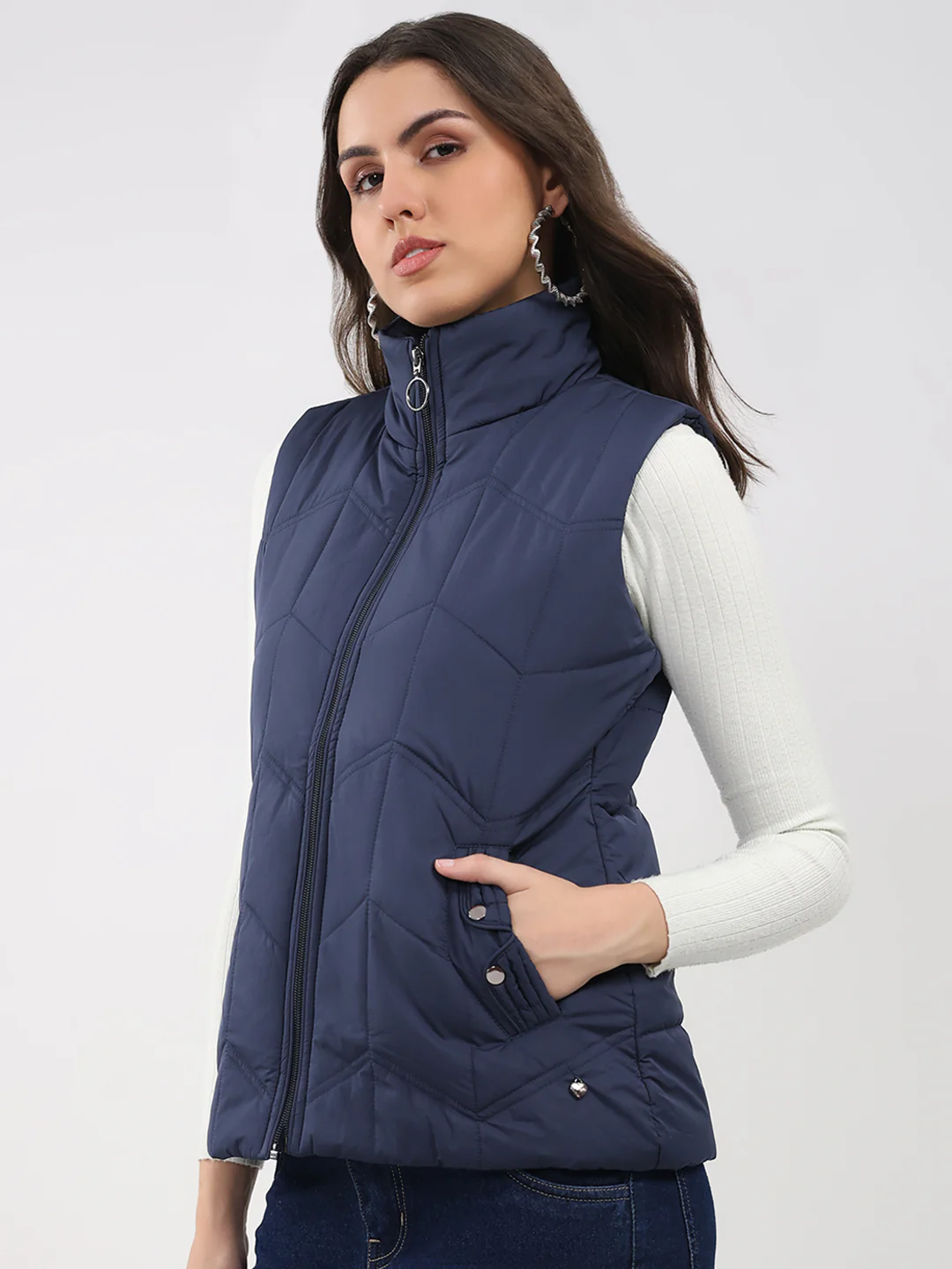 Women Navy Blue Solid Collar Sleeveless Jacket - Image 3