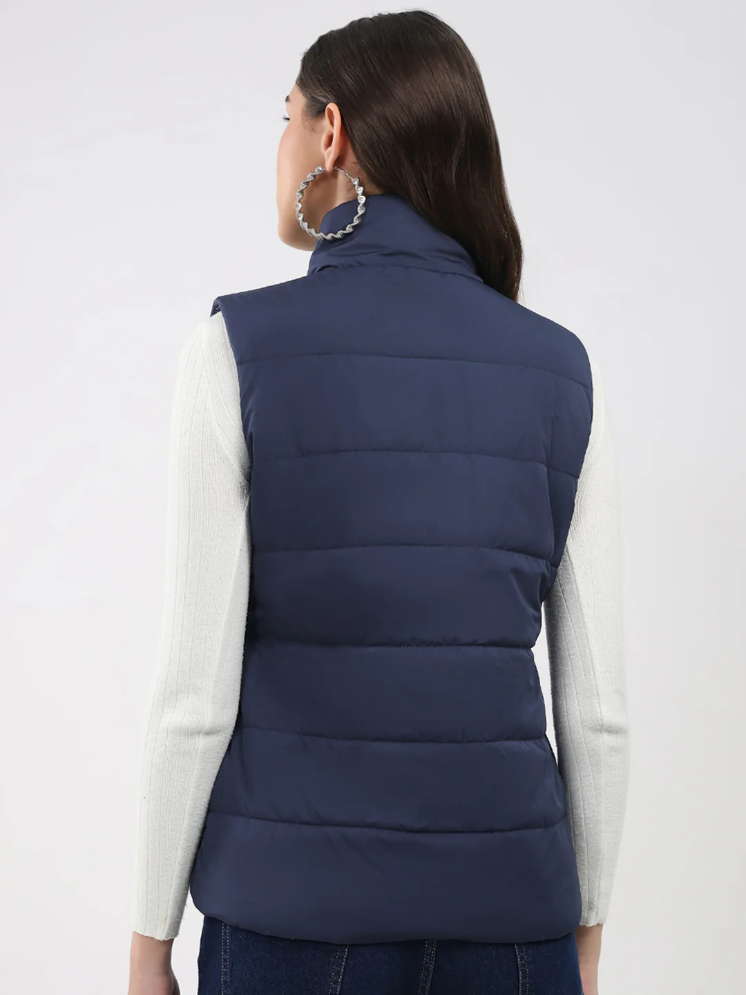 Women Navy Blue Solid Collar Sleeveless Jacket - Image 5