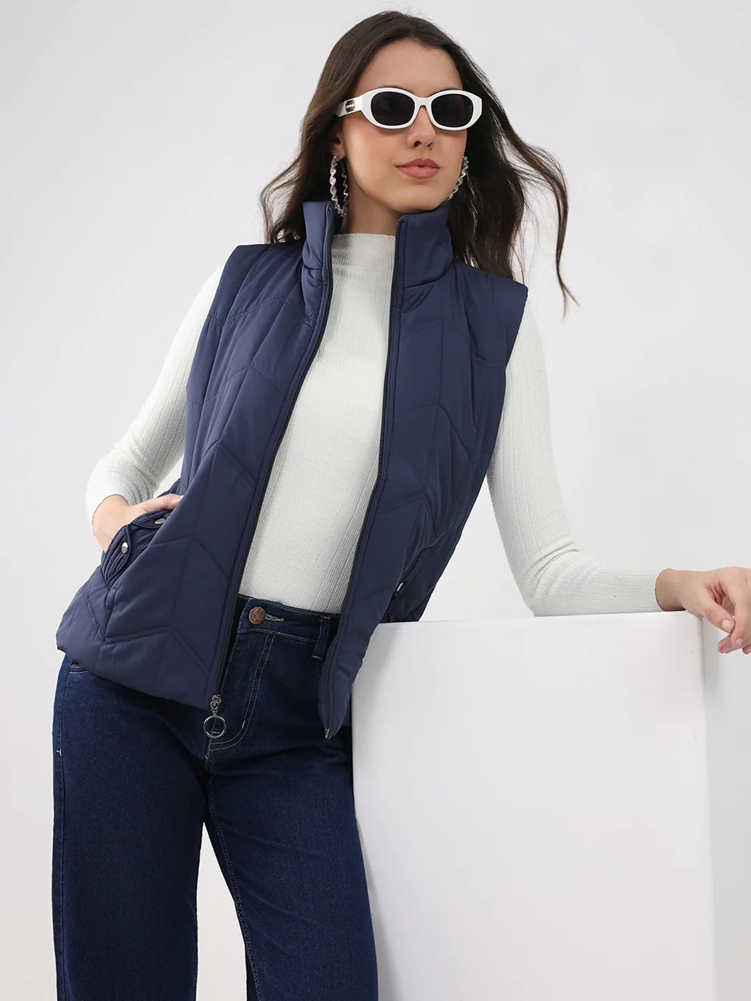 Women Navy Blue Solid Collar Sleeveless Jacket - Image 6