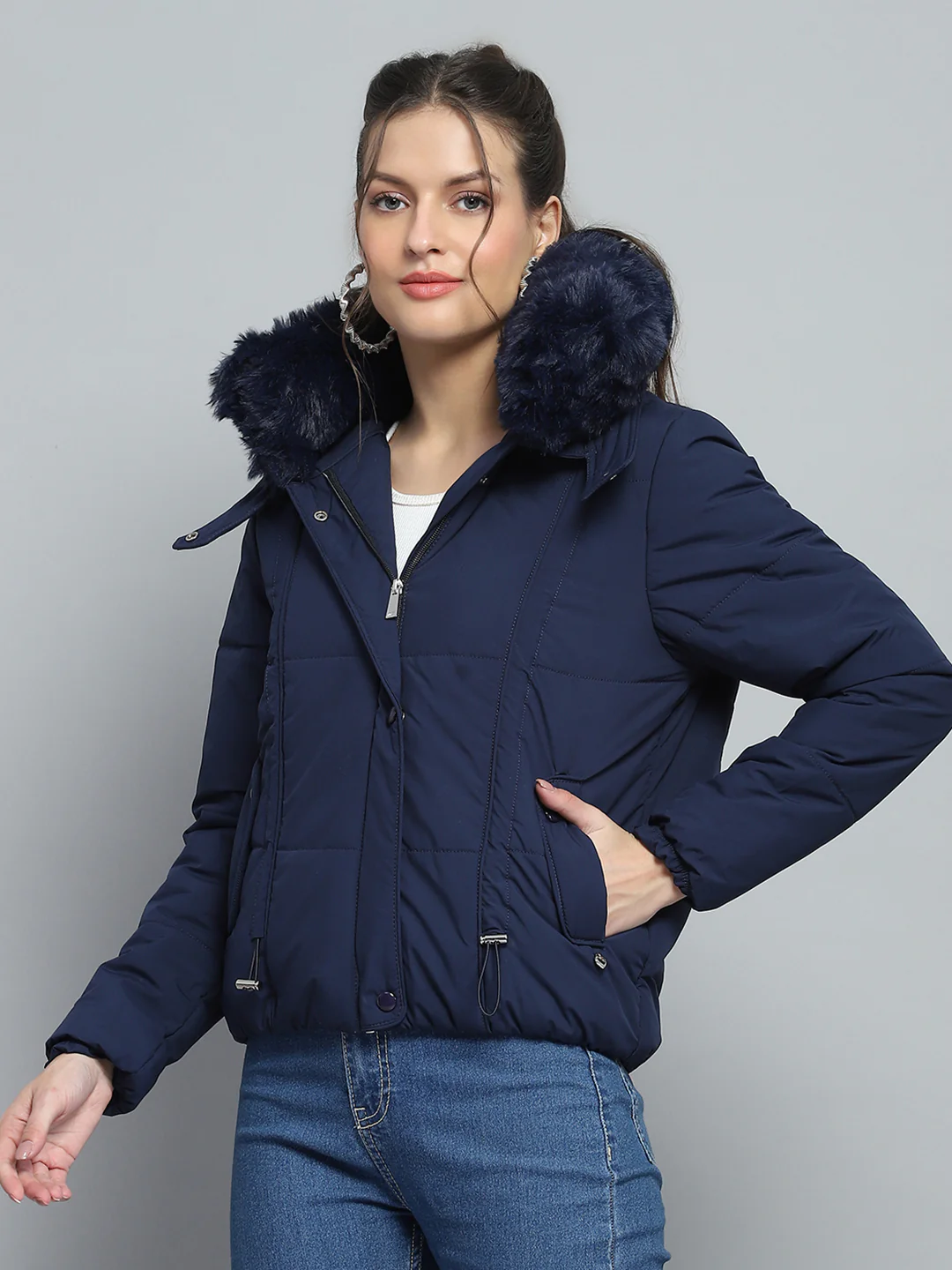 Women Navy Blue Solid Detachable Hood Full Sleeve Jacket - Image 3