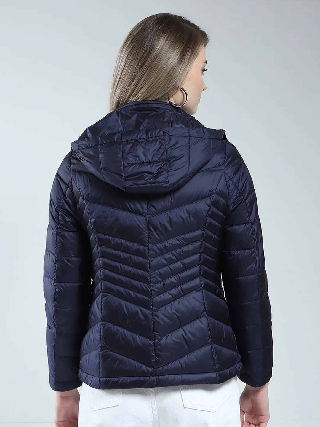 Women Navy Blue Solid Detachable Hood Full Sleeve Jacket - Image 5