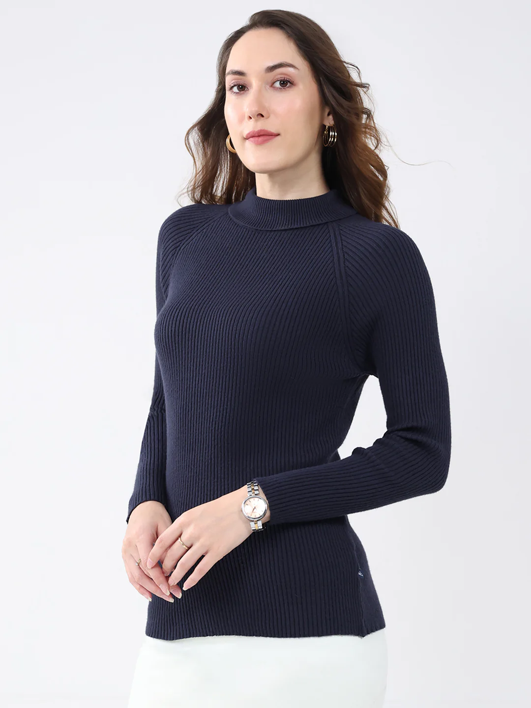 Women Navy Blue Solid High Neck Full Sleeve Sceavy - Image 3