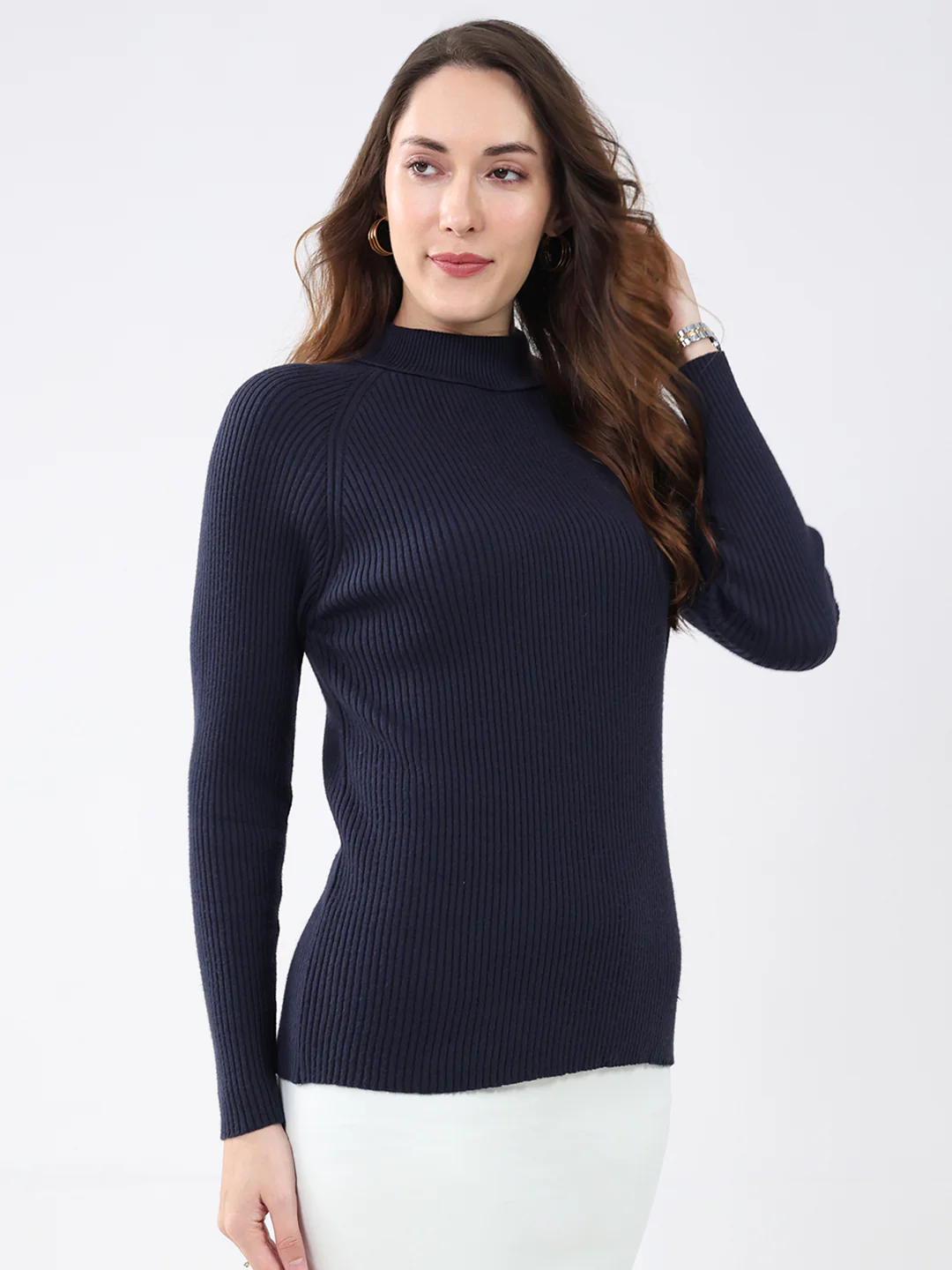 Women Navy Blue Solid High Neck Full Sleeve Sceavy - Image 4