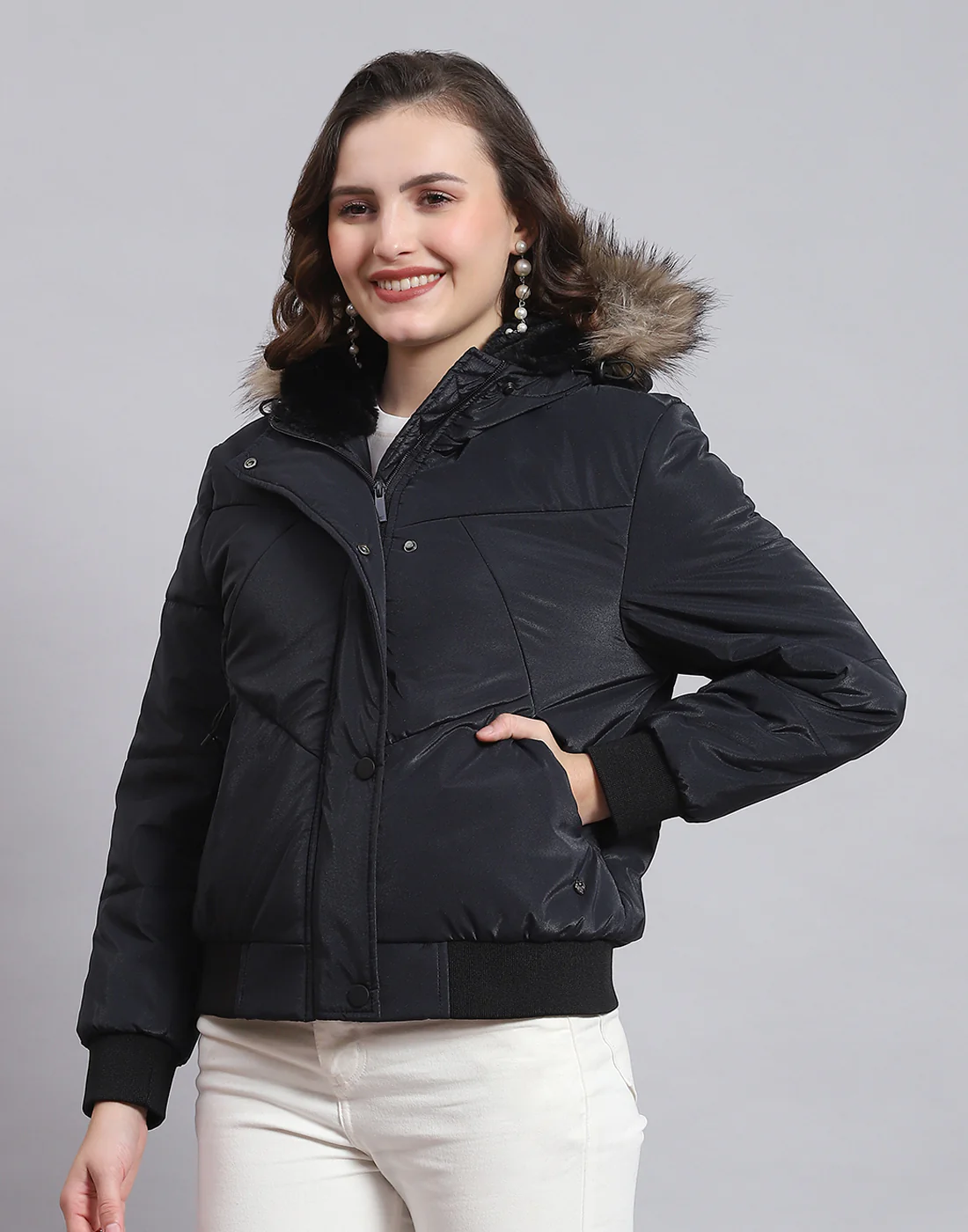Women Navy Blue Solid Hooded Full Sleeve Jacket - Image 4