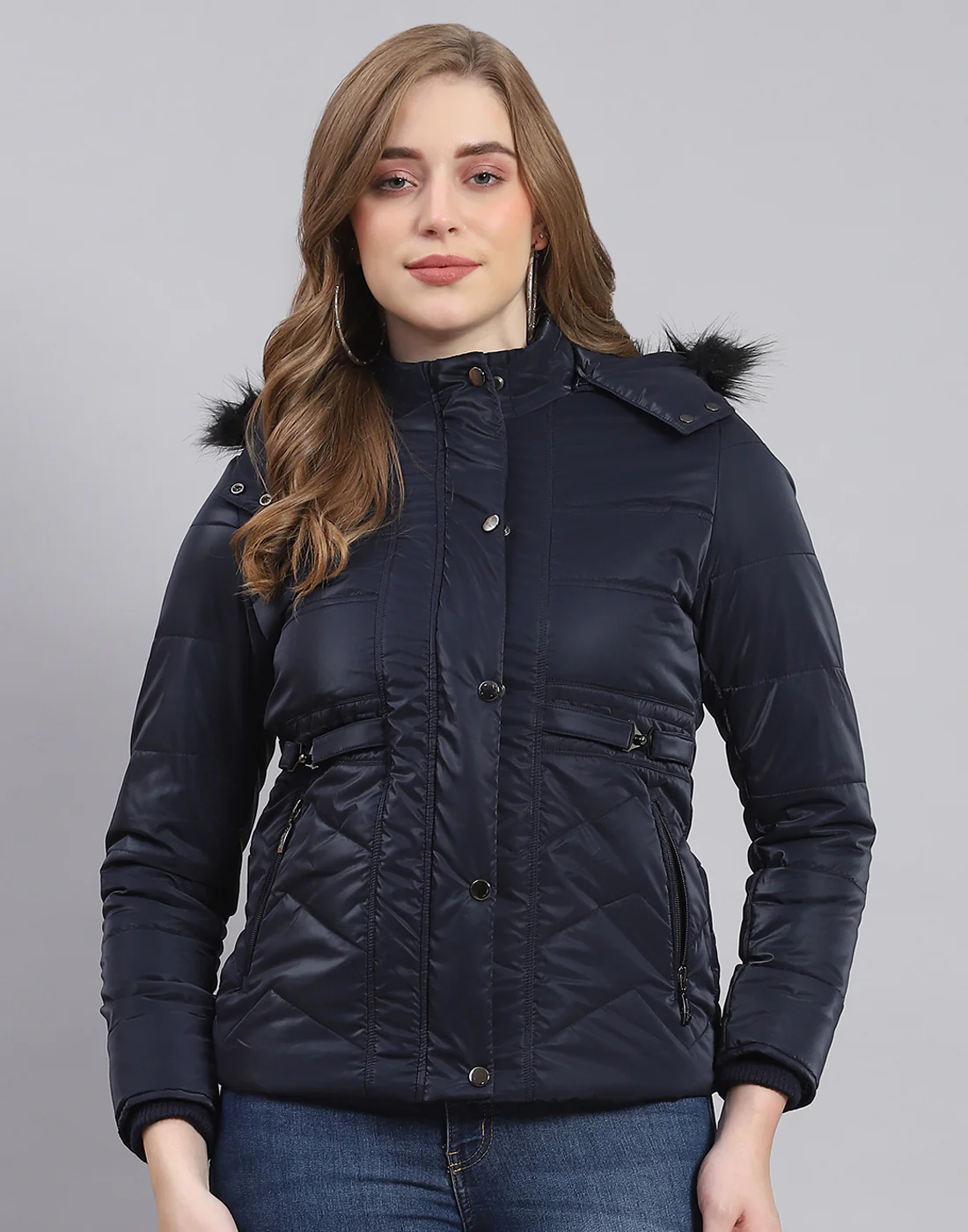 Women Navy Blue Solid Hooded Full Sleeve Jacket - Image 2