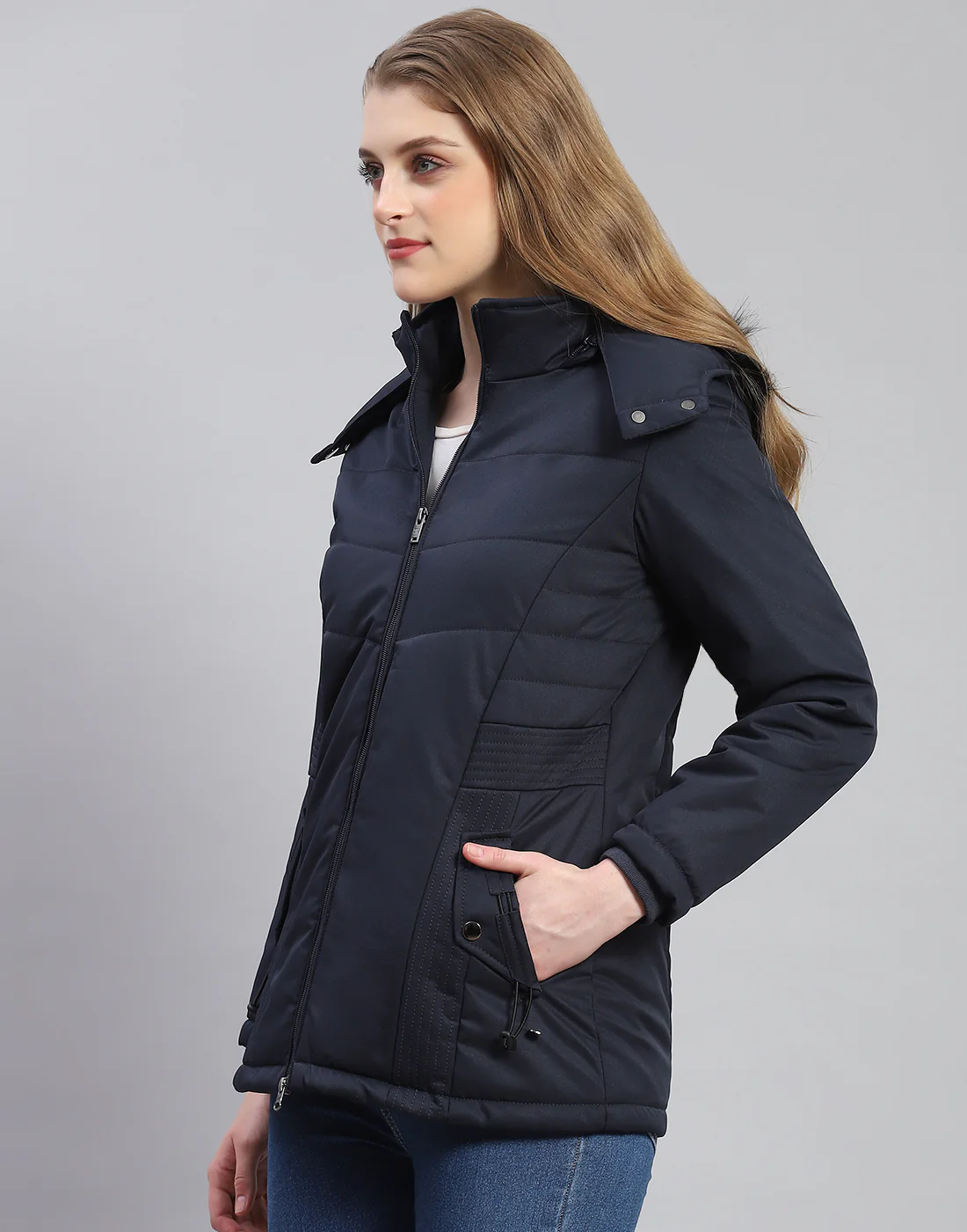 Women Navy Blue Solid Hooded Full Sleeve Jacket - Image 3