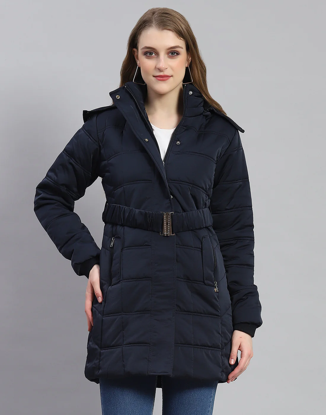 Women Navy Blue Solid Hooded Full Sleeve Jacket - Image 2