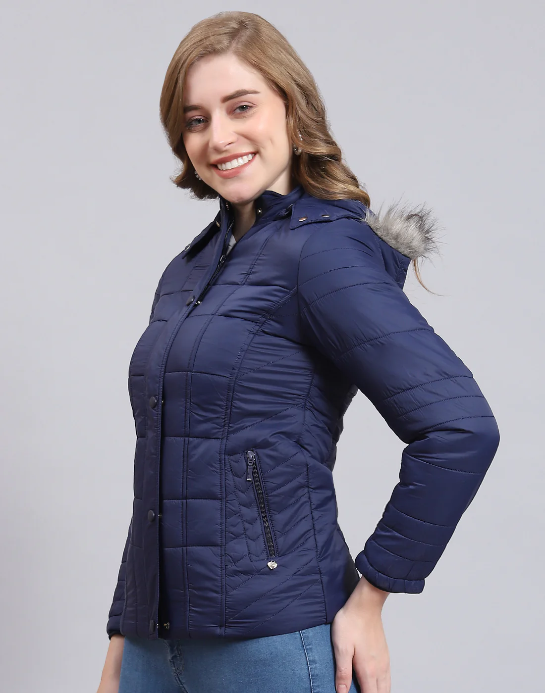 Women Navy Blue Solid Hooded Full Sleeve Jacket - Image 3