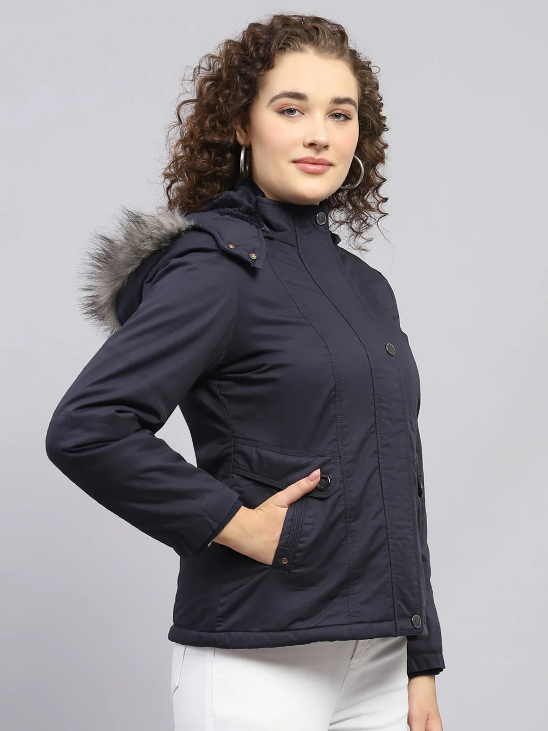 Women Navy Blue Solid Hooded Full Sleeve Jacket - Image 3