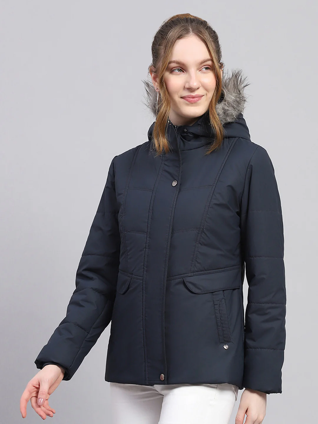 Women Navy Blue Solid Hooded Full Sleeve Jacket - Image 6