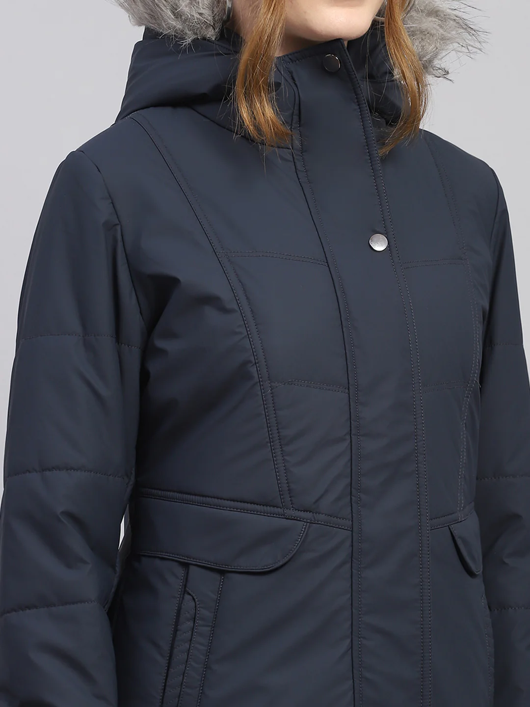 Women Navy Blue Solid Hooded Full Sleeve Jacket - Image 7