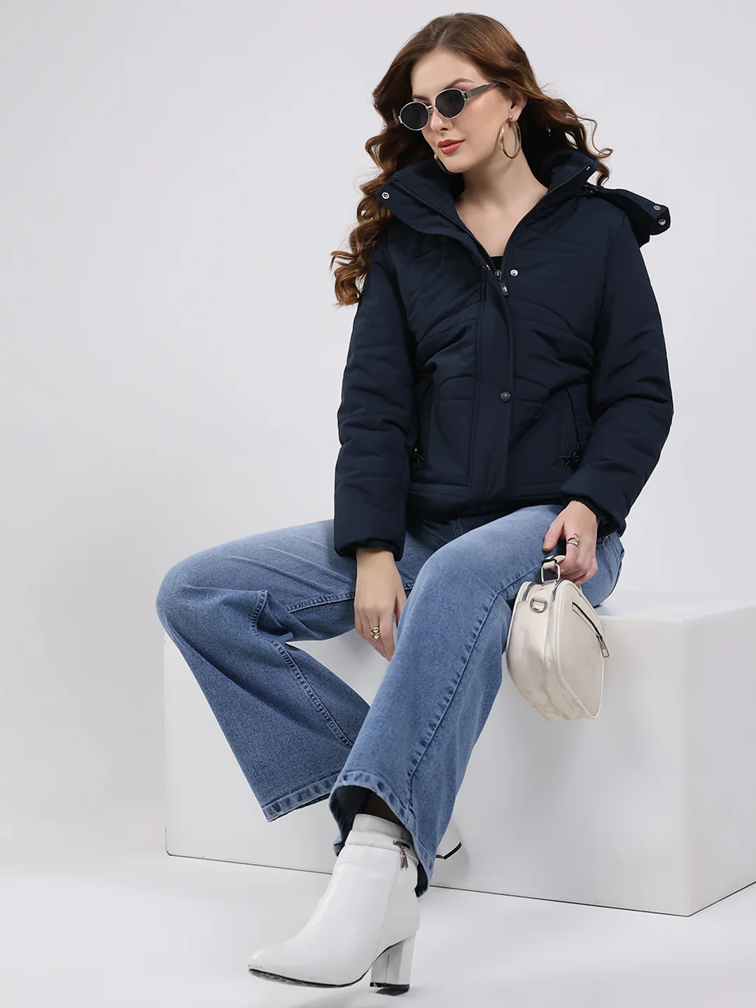 Women Navy Blue Solid Hooded Full Sleeve Jacket - Image 2