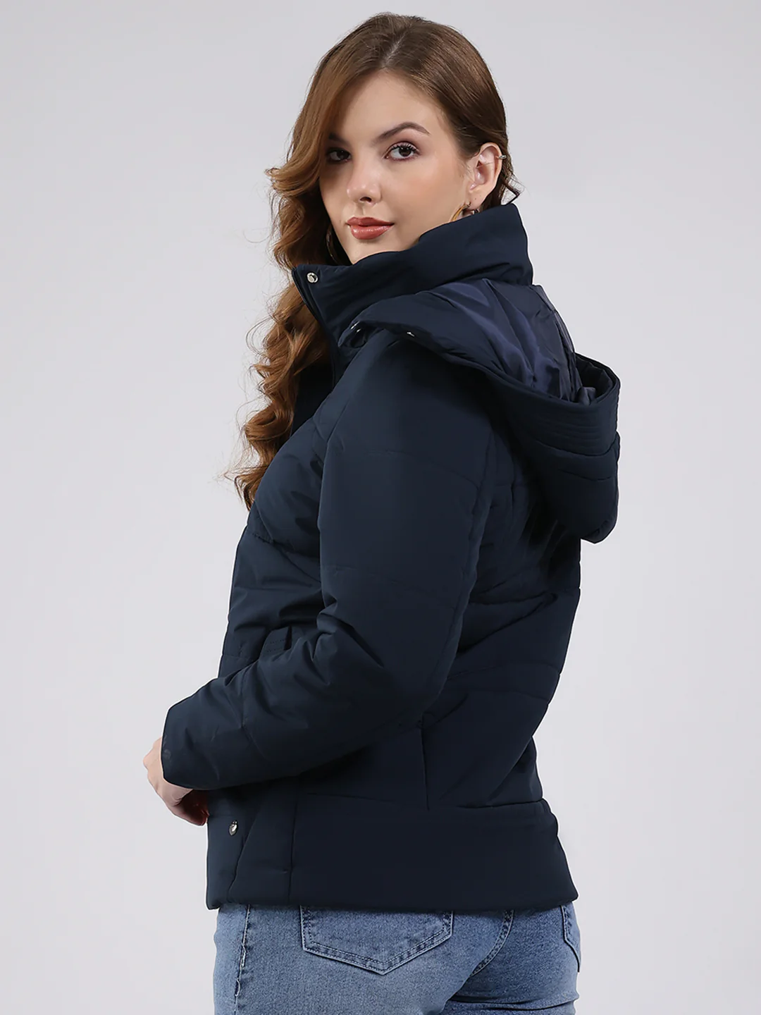 Women Navy Blue Solid Hooded Full Sleeve Jacket - Image 5
