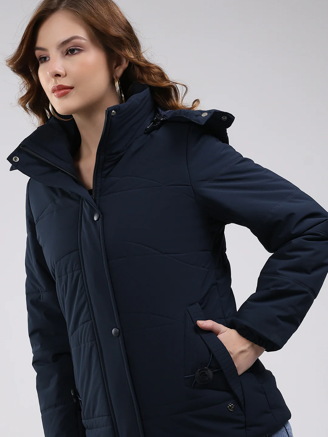 Women Navy Blue Solid Hooded Full Sleeve Jacket - Image 8
