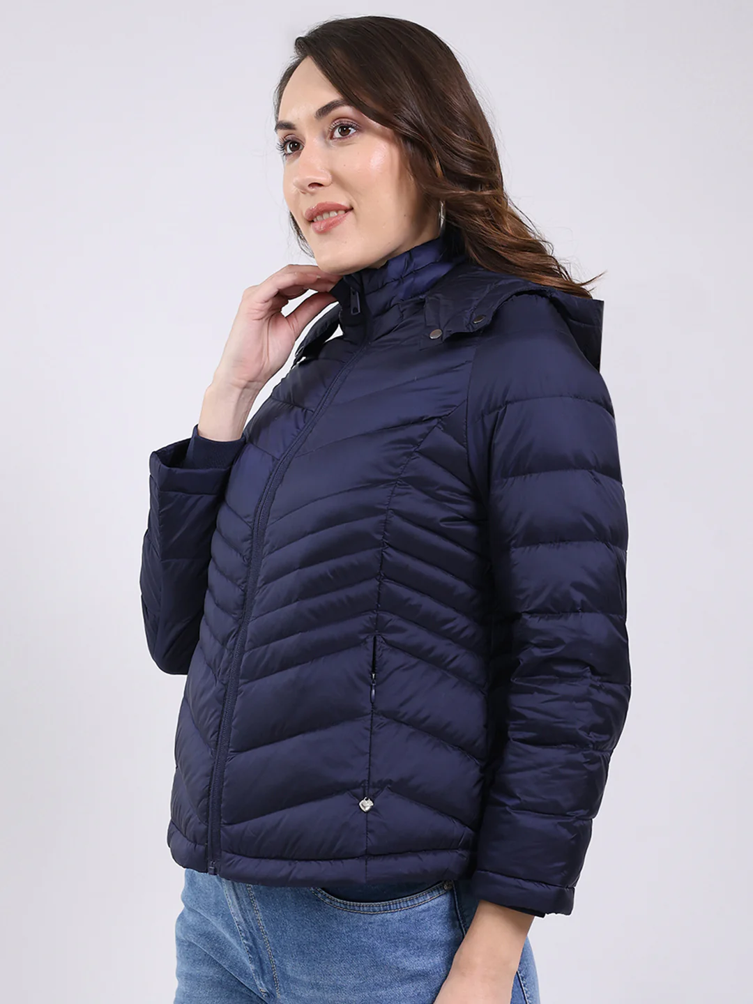 Women Navy Blue Solid Hooded Full Sleeve Jacket - Image 3