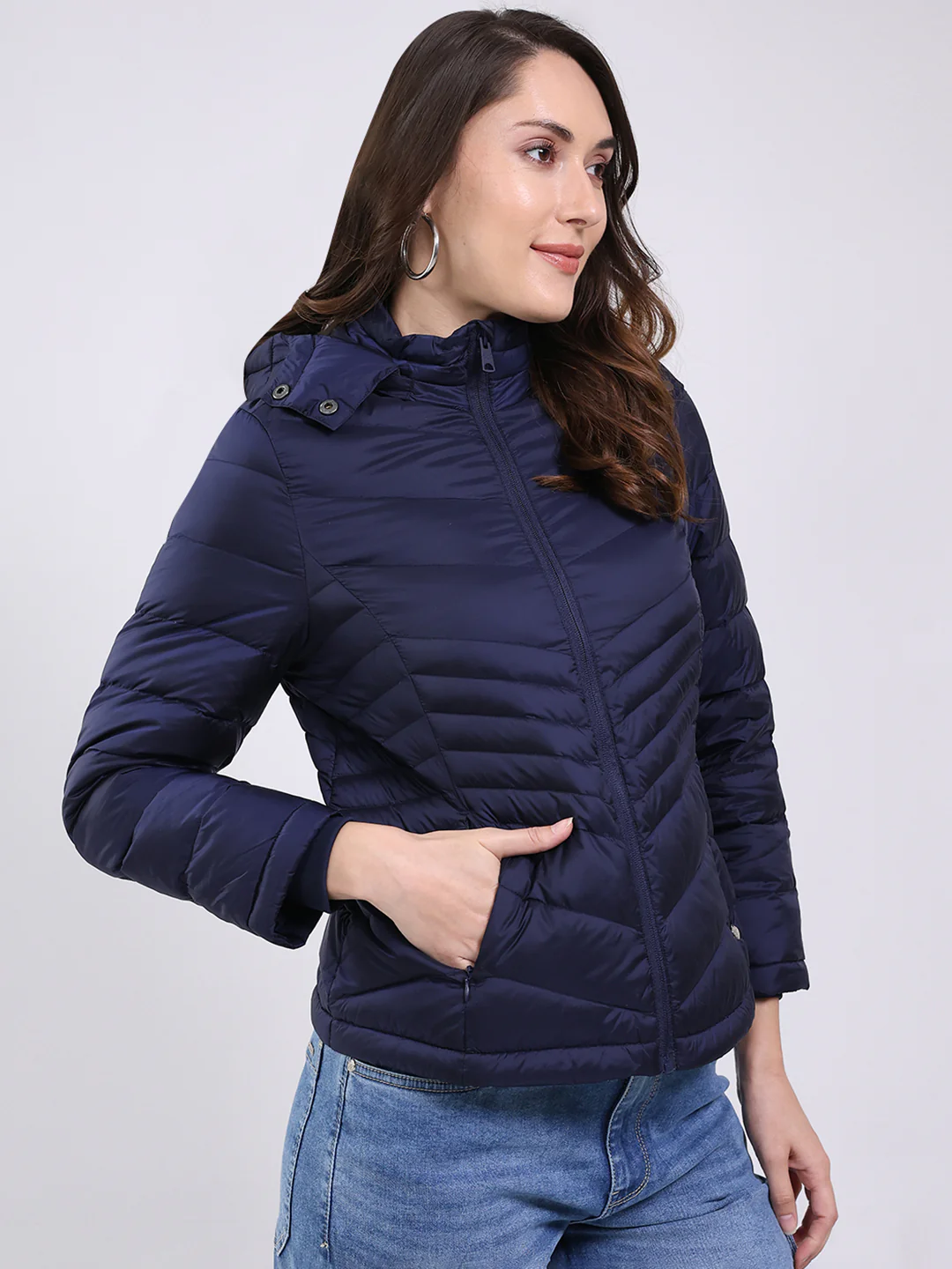 Women Navy Blue Solid Hooded Full Sleeve Jacket - Image 4