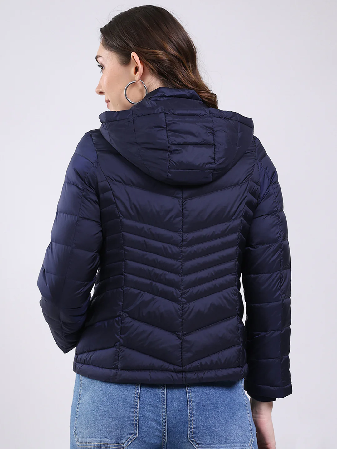 Women Navy Blue Solid Hooded Full Sleeve Jacket - Image 5