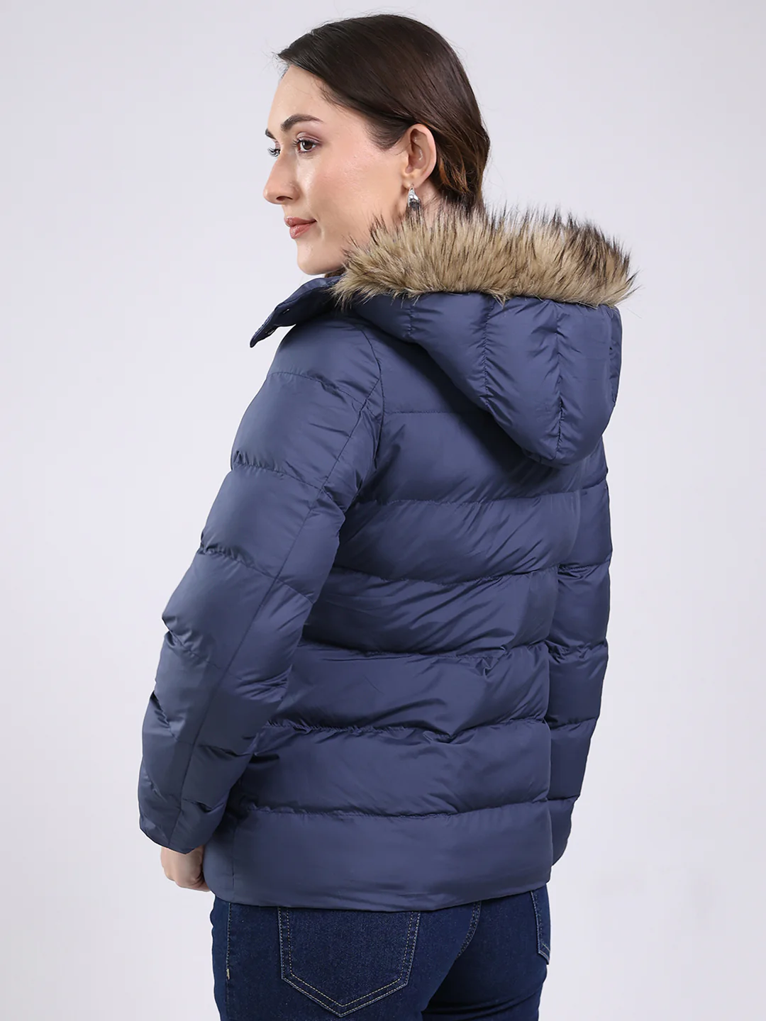Women Navy Blue Solid Hooded Full Sleeve Jacket - Image 5