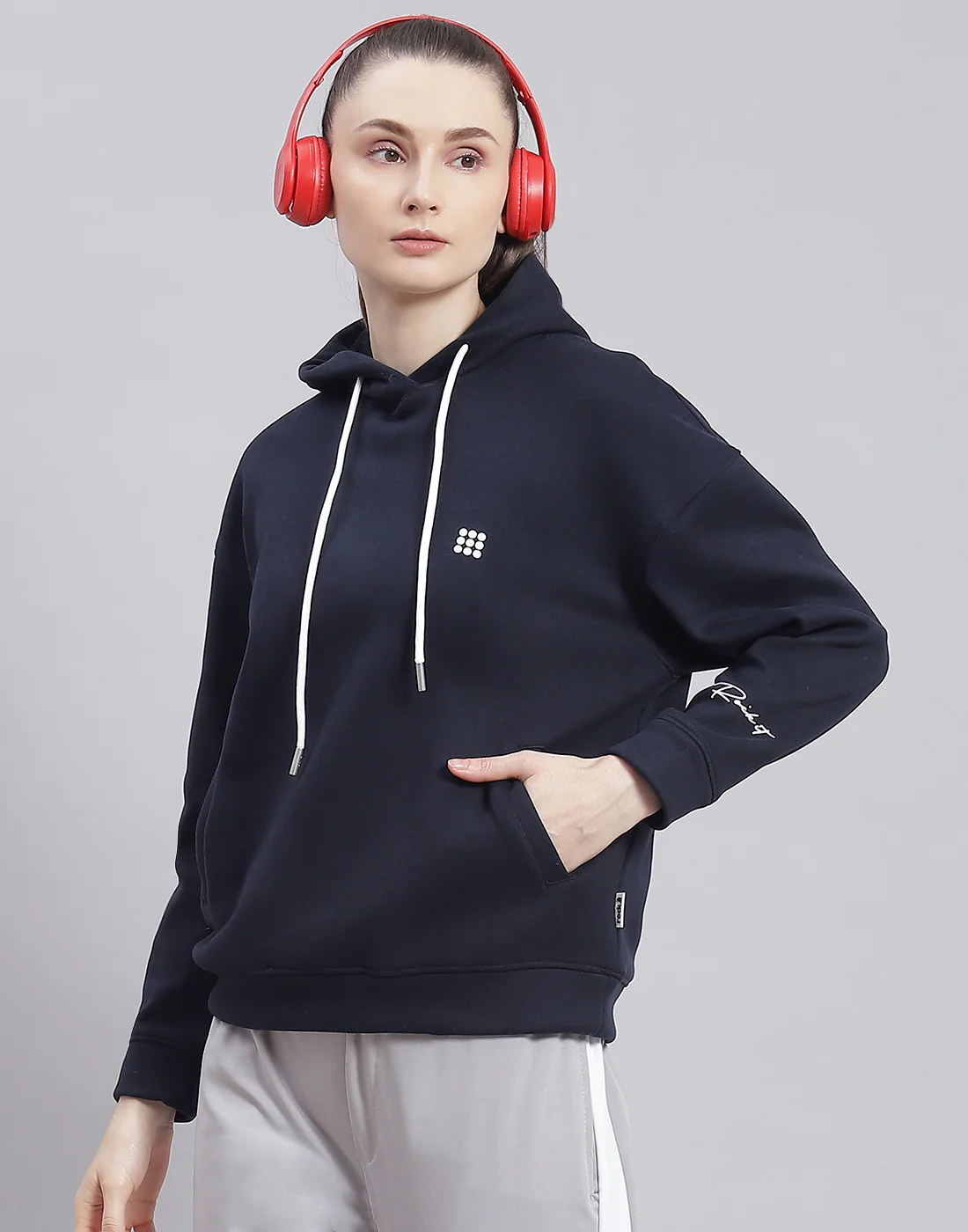 Rock.it Women Navy Blue Solid Hooded Full Sleeve Sweatshirt - Image 6