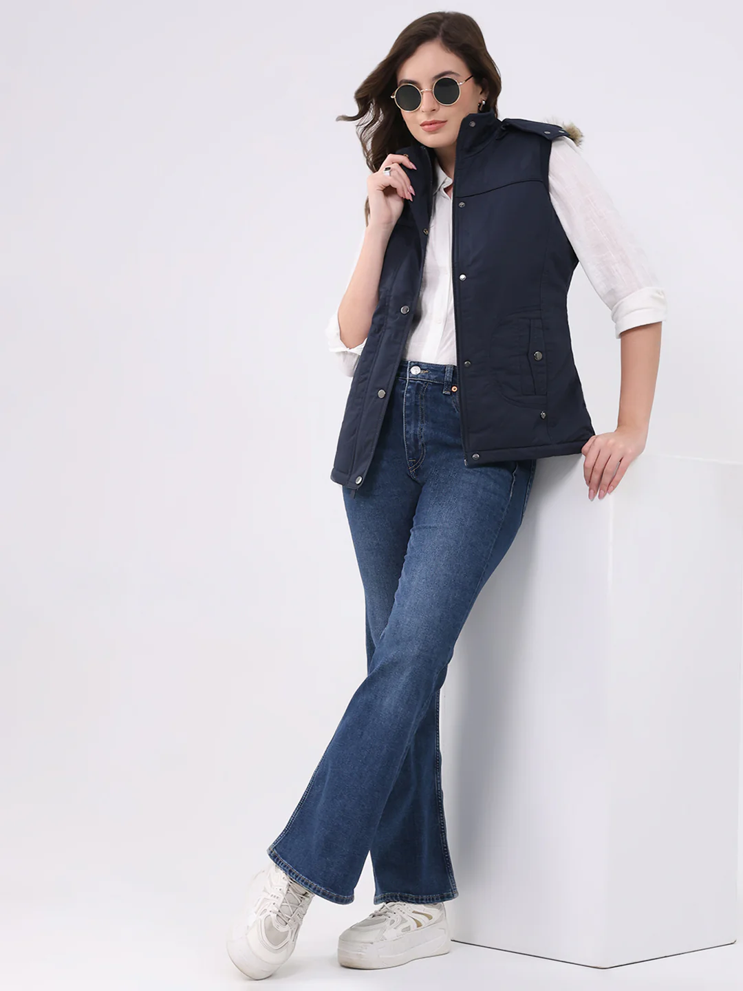 Women Navy Blue Solid Hooded Sleeveless Jacket - Image 2