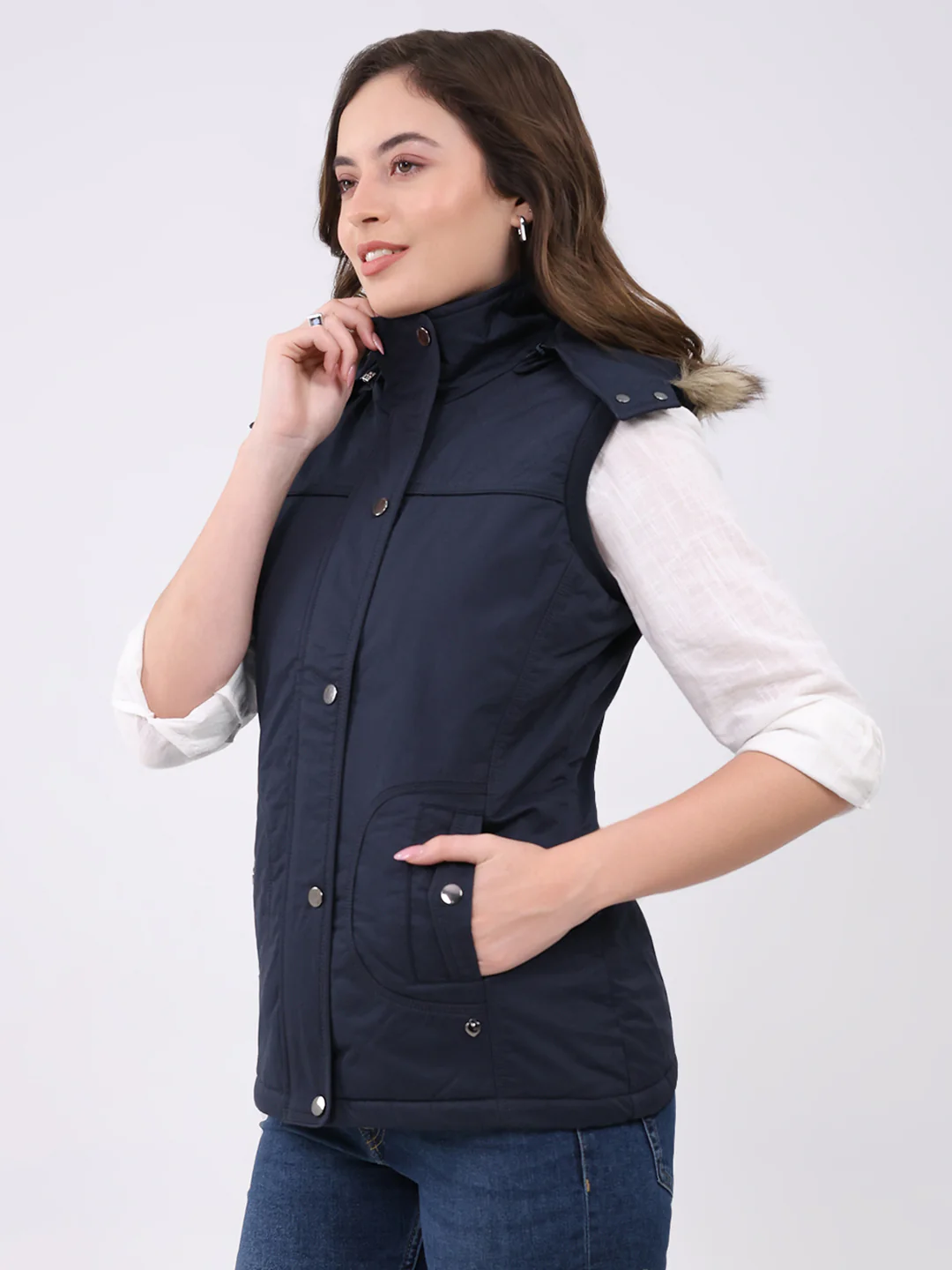 Women Navy Blue Solid Hooded Sleeveless Jacket - Image 3