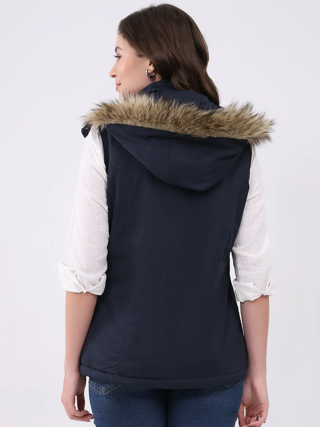 Women Navy Blue Solid Hooded Sleeveless Jacket - Image 5