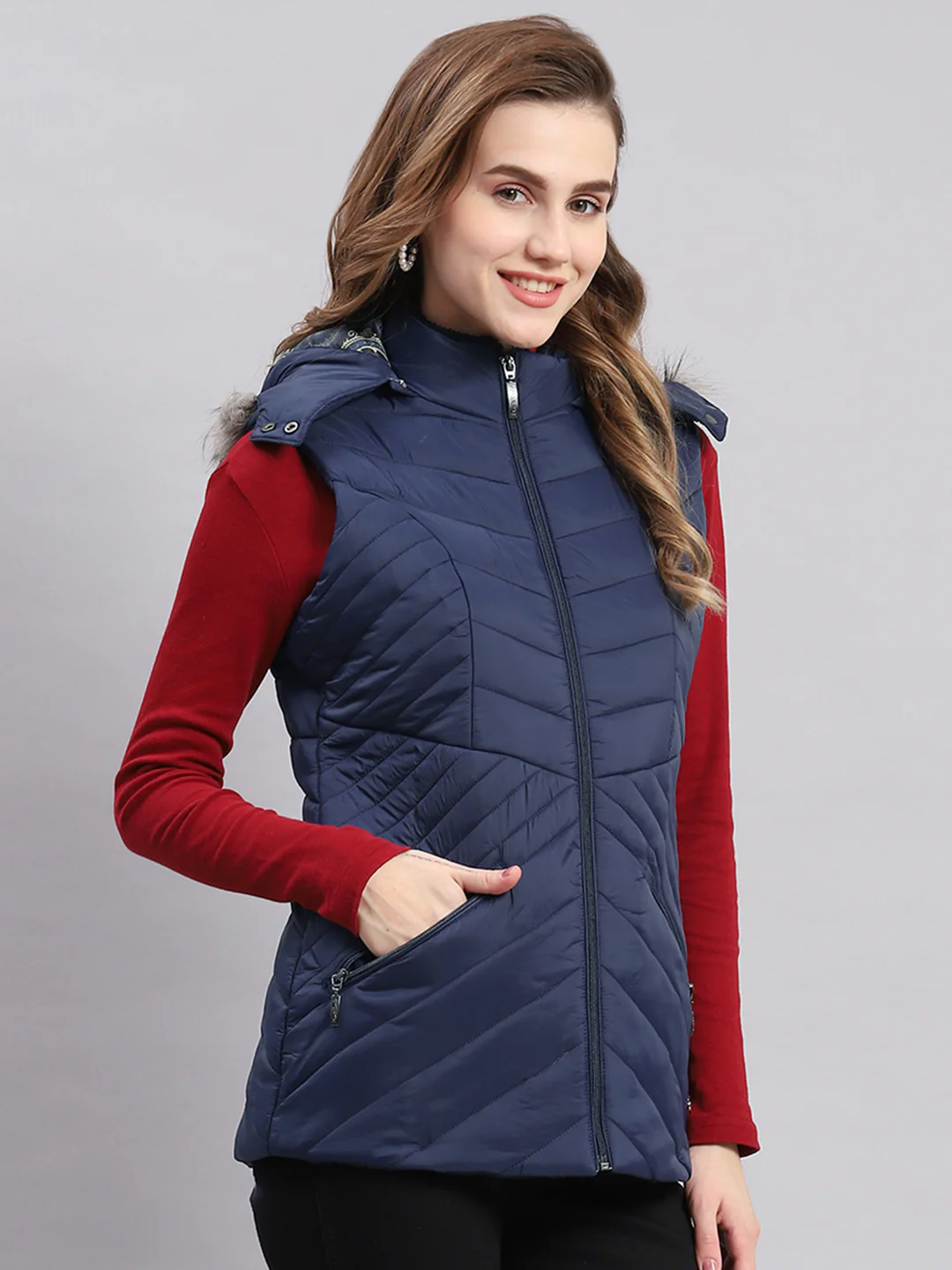 Women Navy Blue Solid Hooded Sleeveless Jackets - Image 3