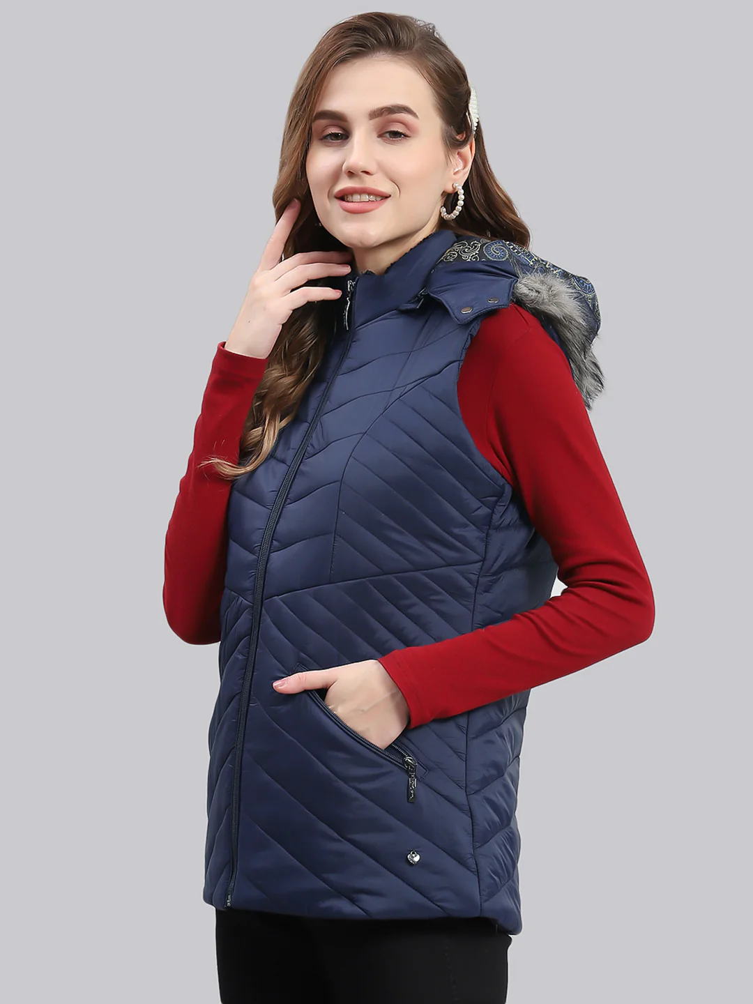 Women Navy Blue Solid Hooded Sleeveless Jackets - Image 4