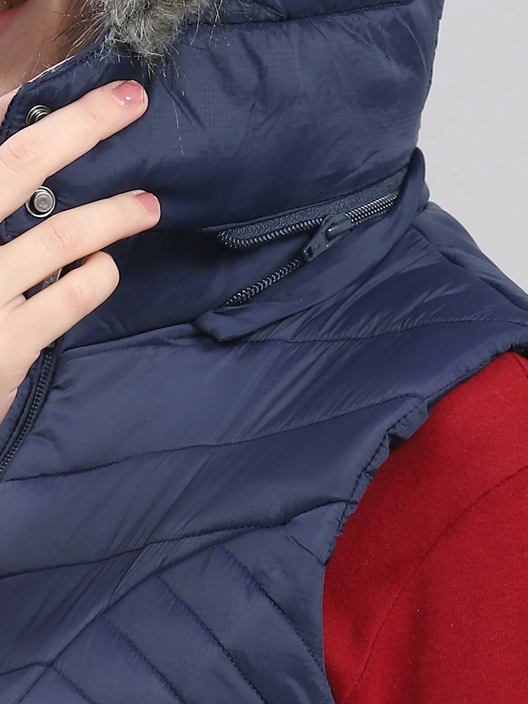 Women Navy Blue Solid Hooded Sleeveless Jackets - Image 8