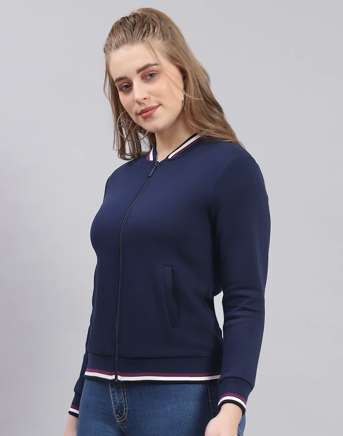 Women Navy Blue Solid Mandarin Collar Full Sleeve Sweatshirt - Image 3