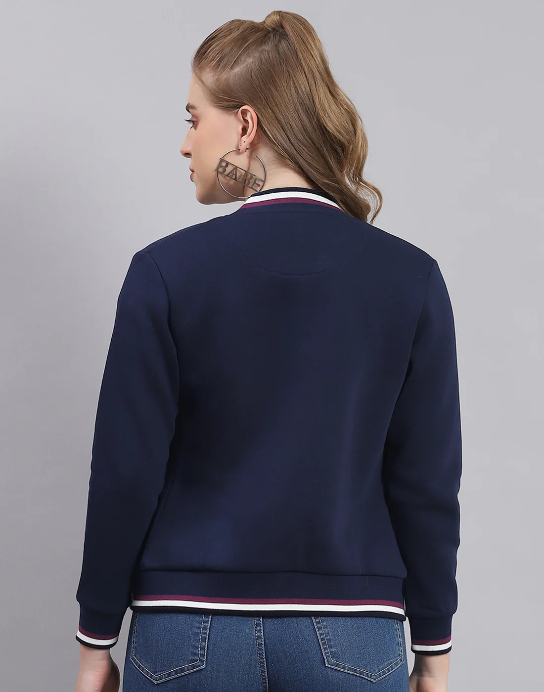 Women Navy Blue Solid Mandarin Collar Full Sleeve Sweatshirt - Image 5