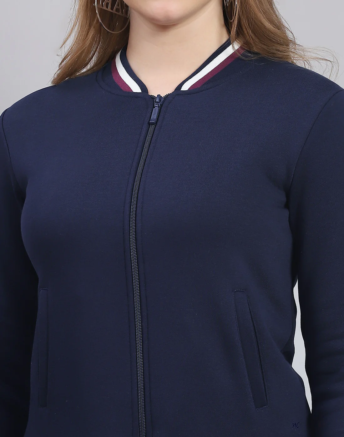 Women Navy Blue Solid Mandarin Collar Full Sleeve Sweatshirt - Image 6