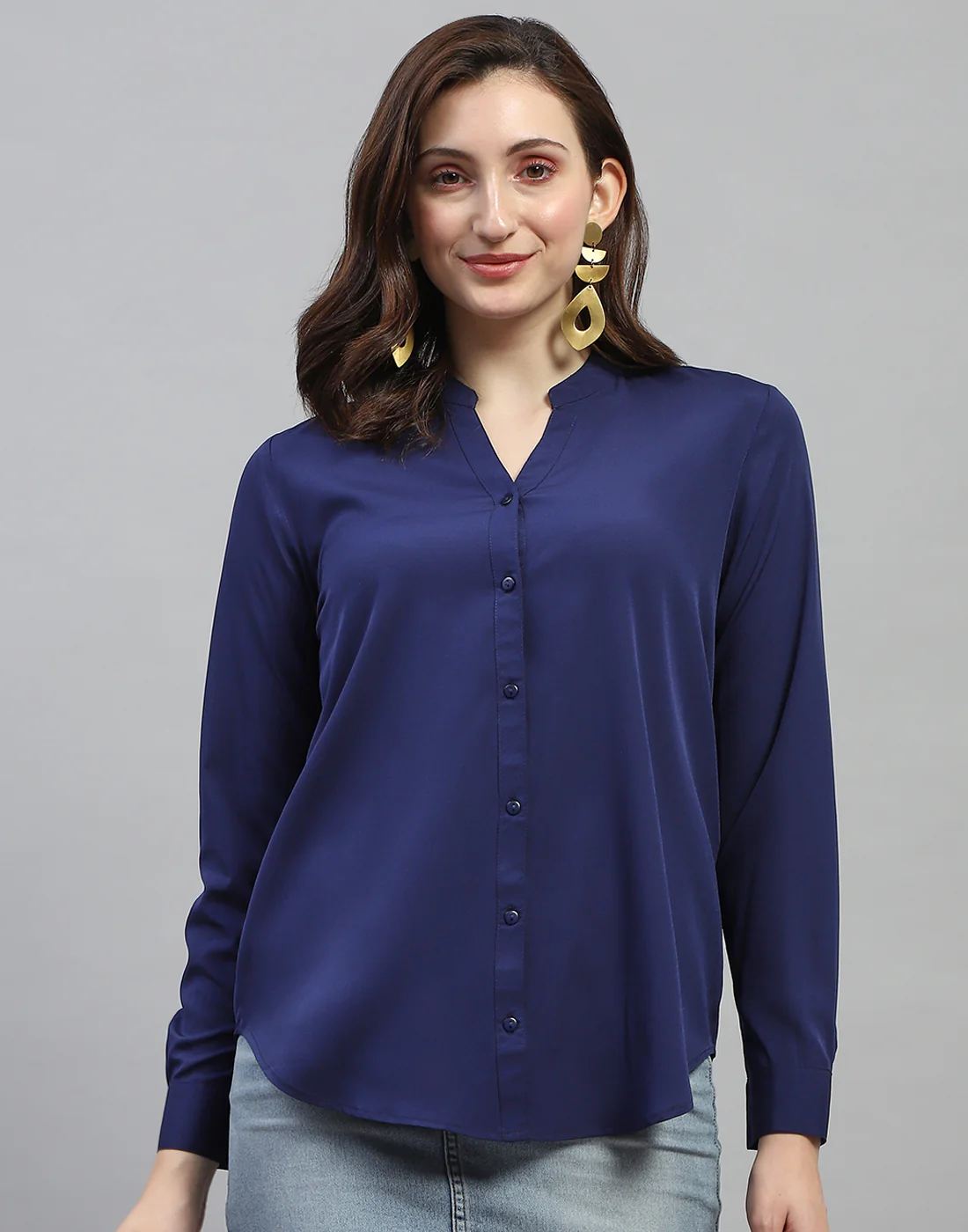 Women Navy Blue Solid Mandarin Collar Full Sleeve Top - Image 2