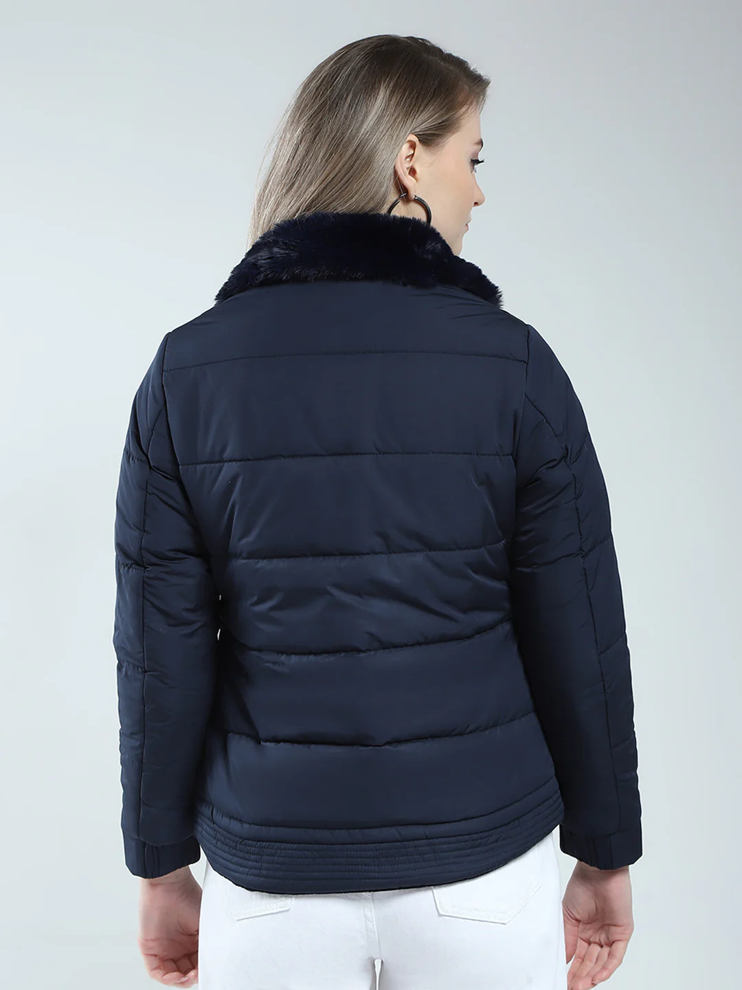 Women Navy Blue Solid Mock Neck Full Sleeve Reversible Jacket - Image 5