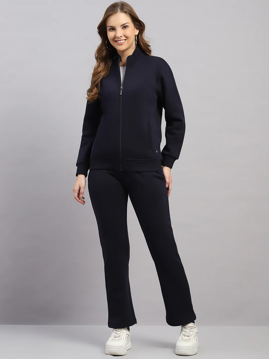 Women Navy Blue Solid Mock Neck Full Sleeve Winter Tracksuit