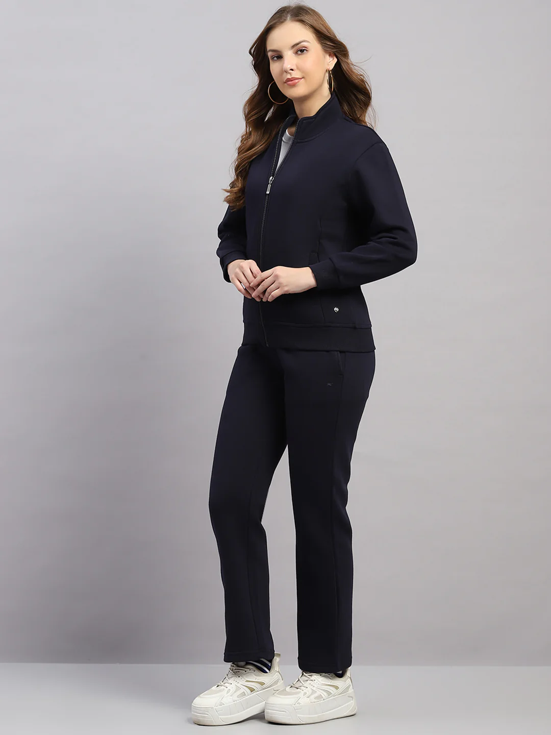 Women Navy Blue Solid Mock Neck Full Sleeve Winter Tracksuit - Image 3
