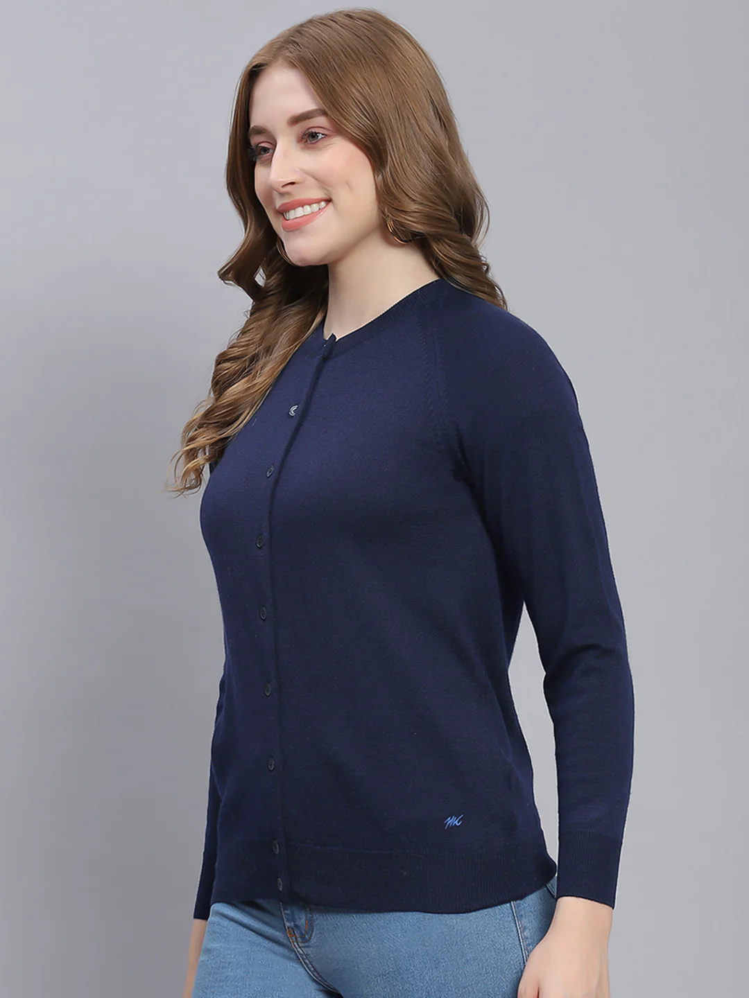Women Navy Blue Solid Round Neck Full Sleeve Cardigans - Image 4