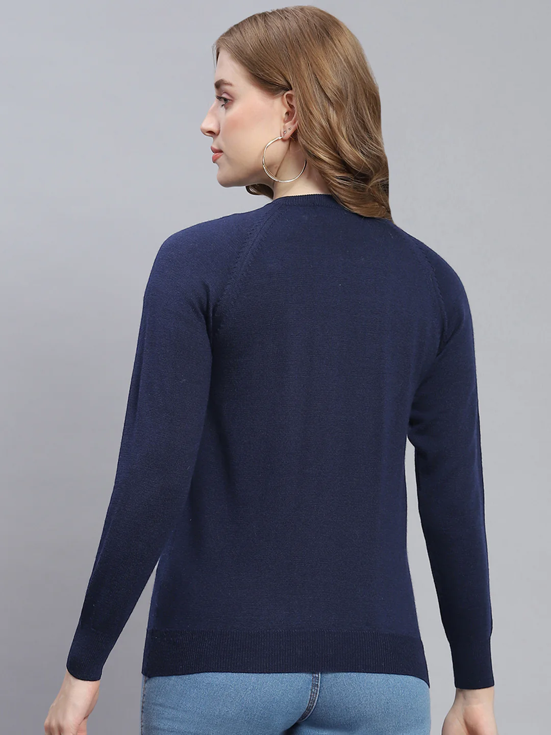Women Navy Blue Solid Round Neck Full Sleeve Cardigans - Image 5