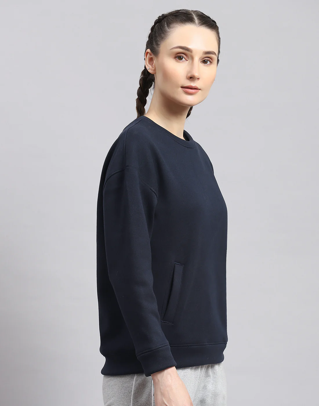 Rock.it Women Navy Blue Solid Round Neck Full Sleeve Sweatshirt - Image 4