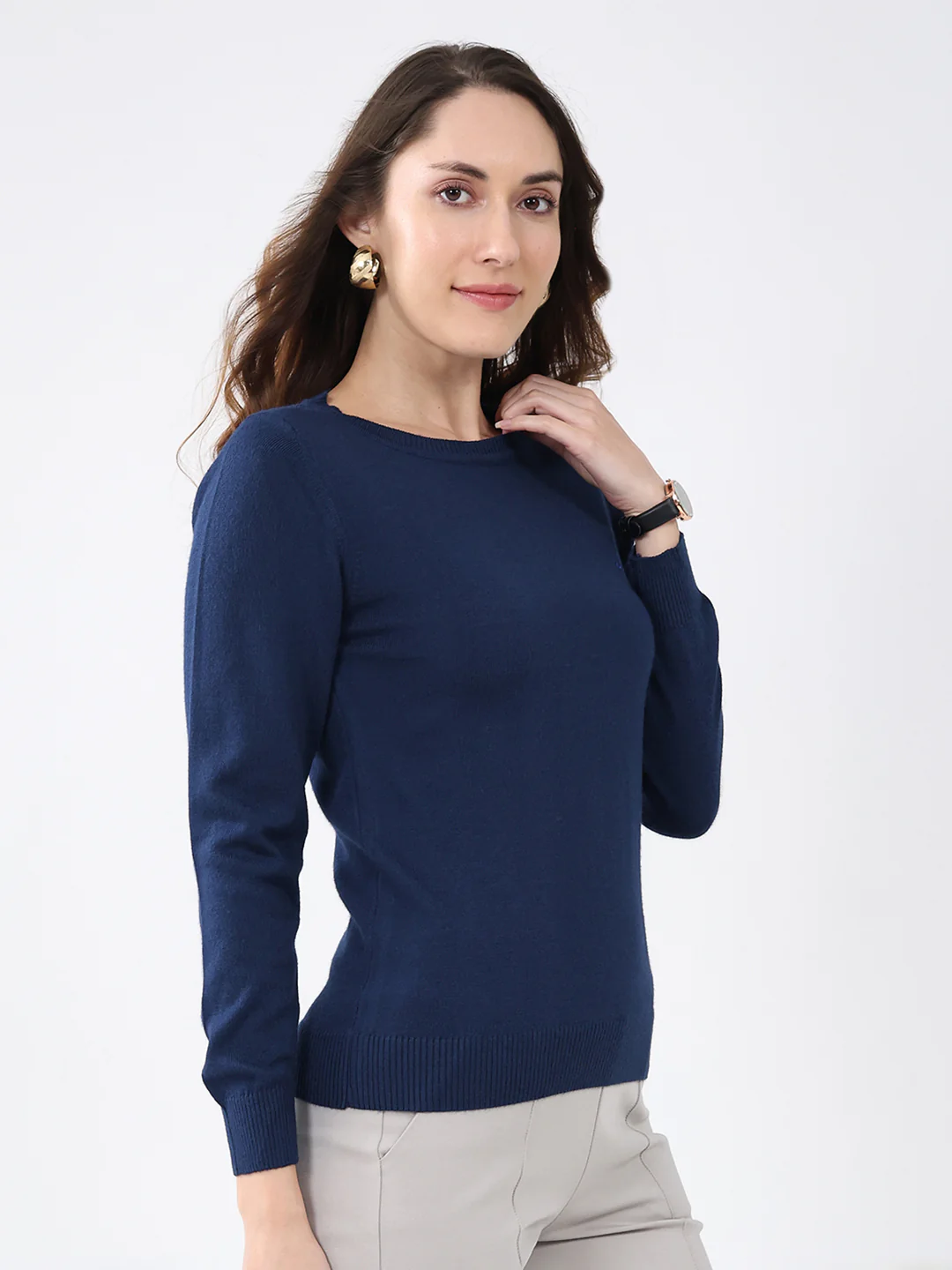 Women Navy Blue Solid Round Neck Full Sleeve Winter Top - Image 4
