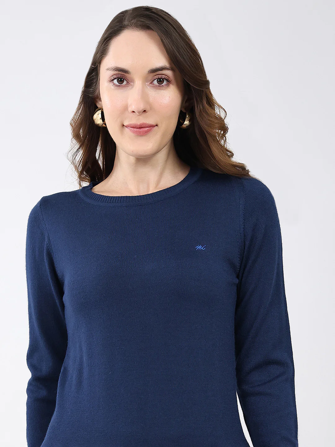 Women Navy Blue Solid Round Neck Full Sleeve Winter Top - Image 7