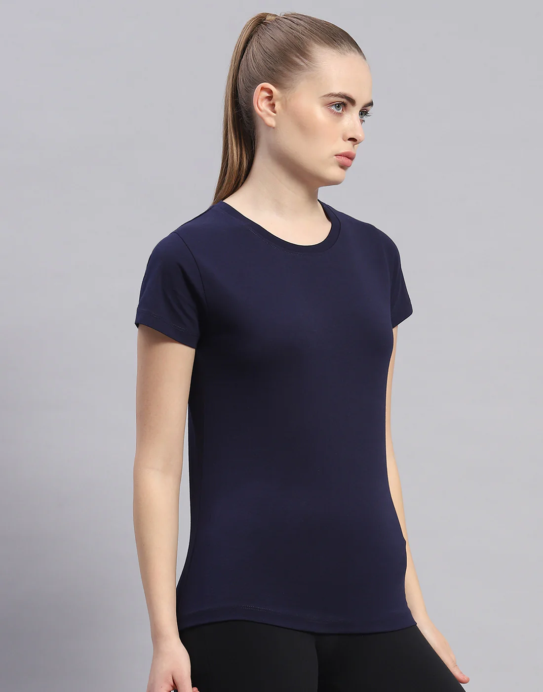 Rock.it Women Navy Blue Solid Round Neck Half Sleeve Top - Image 4