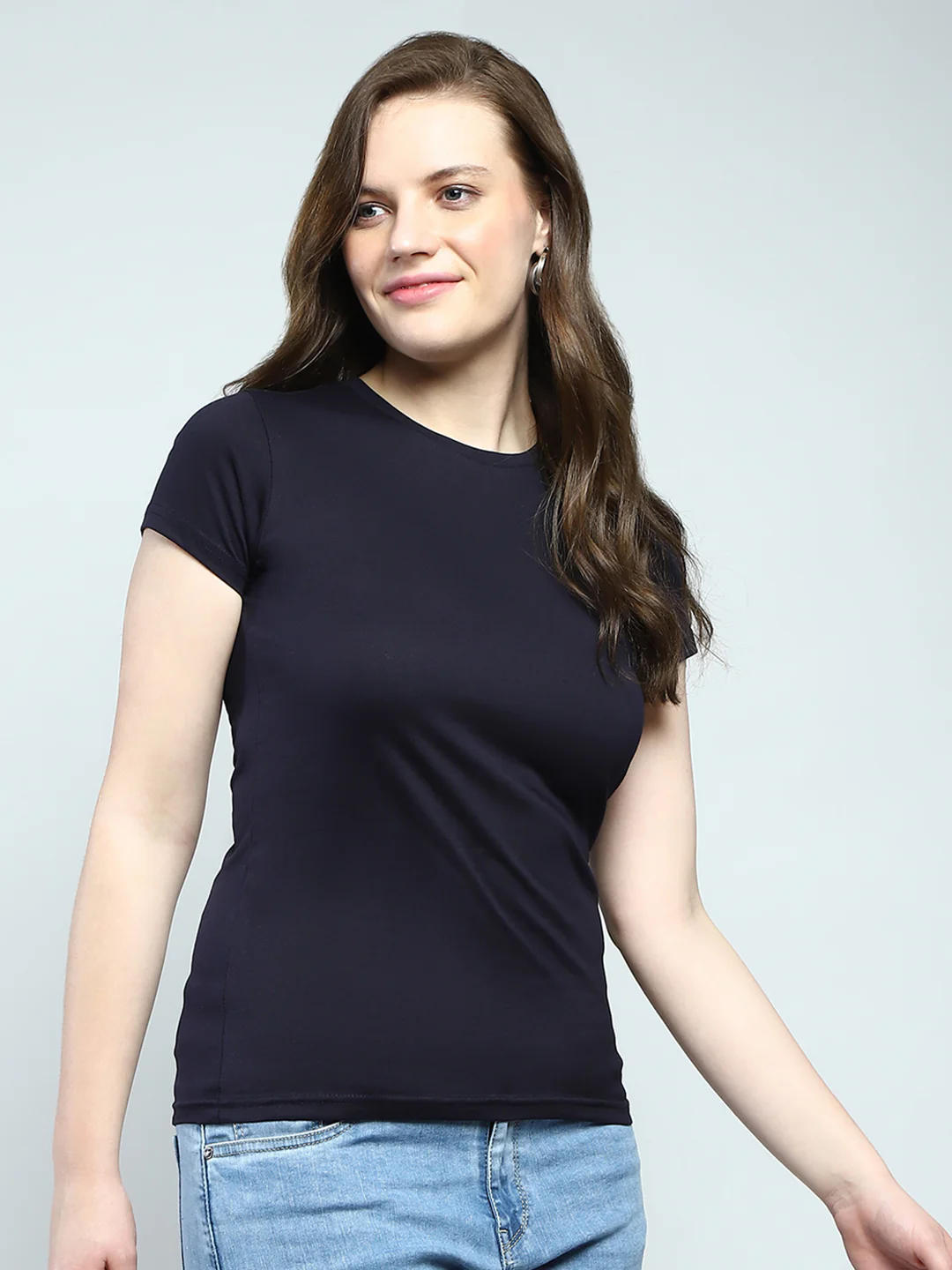Women Navy Blue Solid Round Neck Half Sleeve Top - Image 4