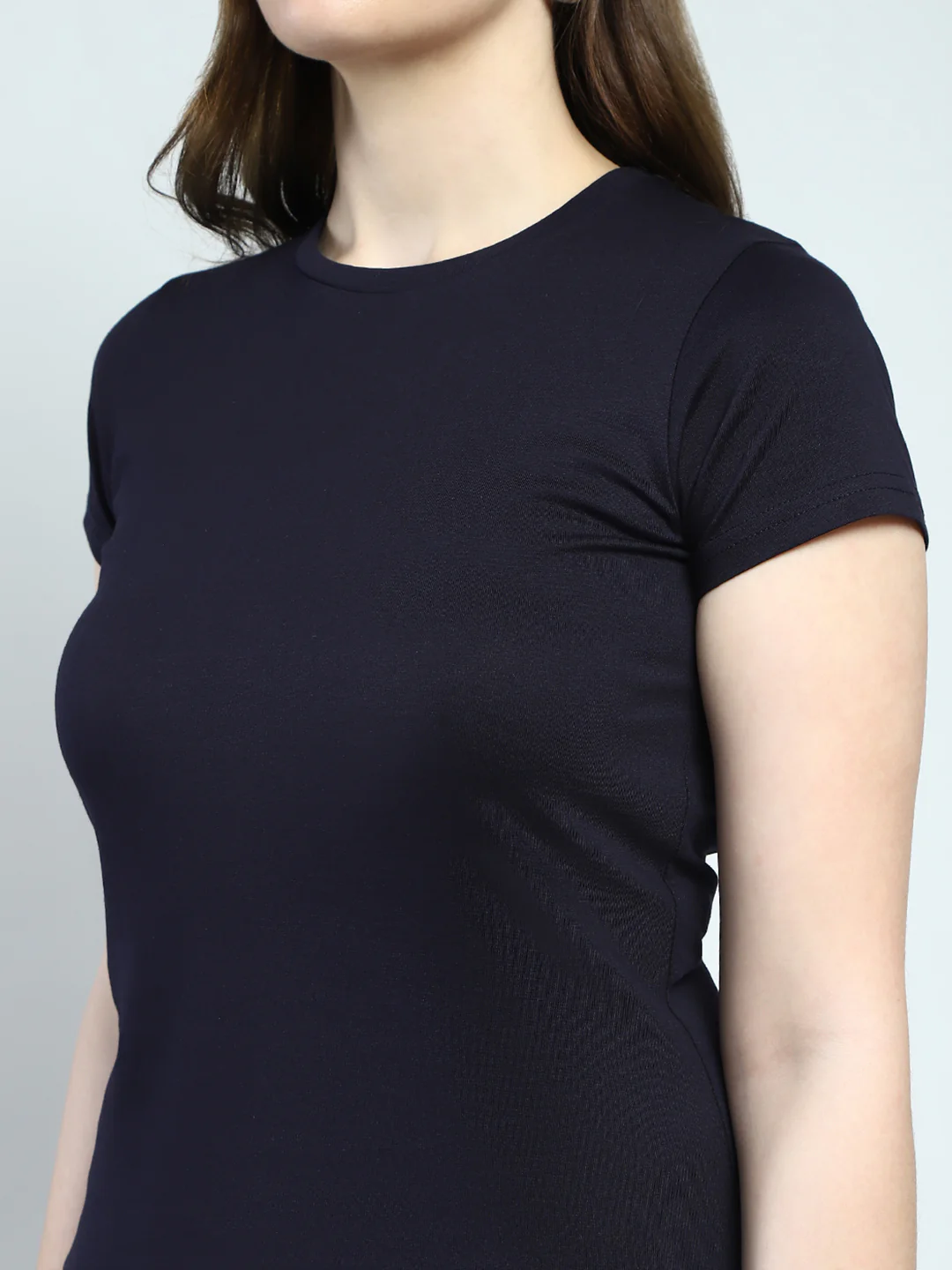 Women Navy Blue Solid Round Neck Half Sleeve Top - Image 6