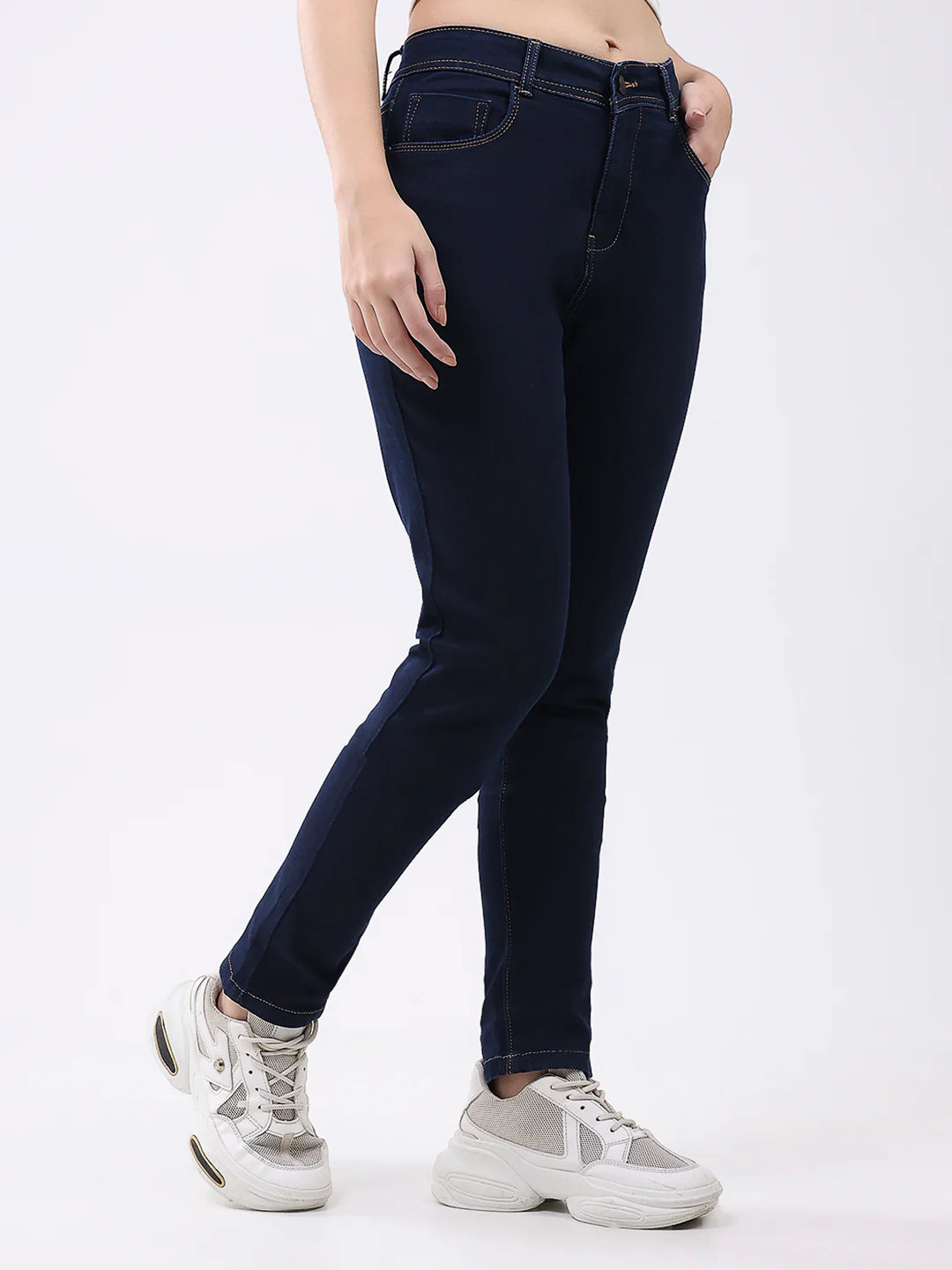 Women Navy Blue Solid Slim Fit Denim - Image 4
