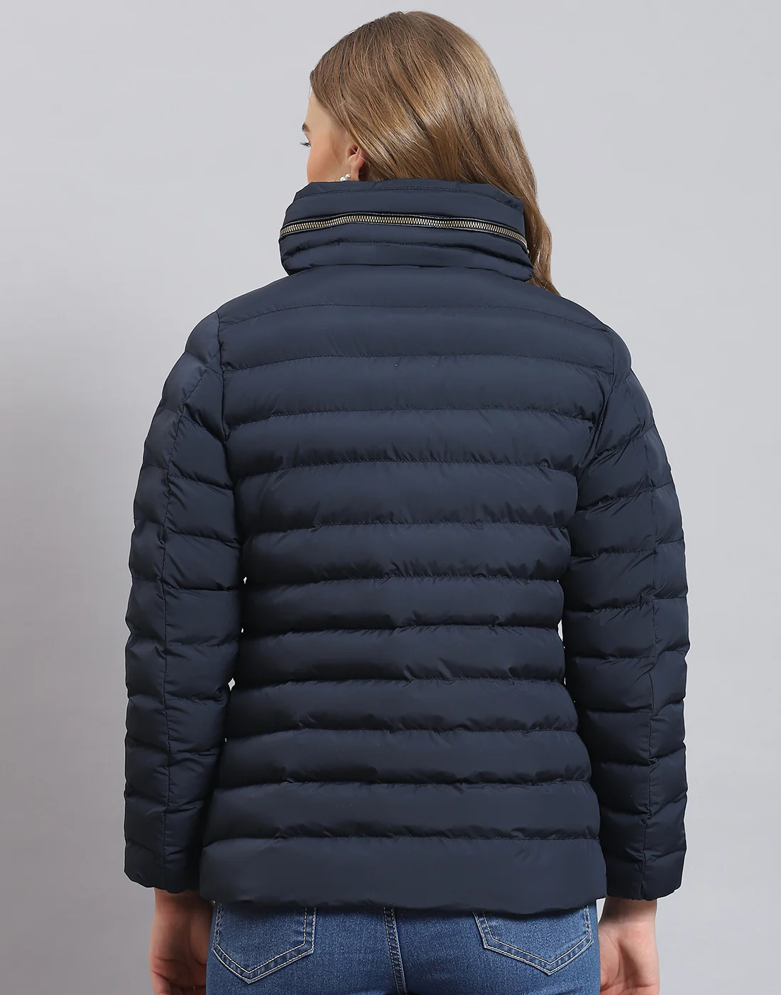 Women Navy Blue Solid Stand Collar Full Sleeve Jacket - Image 5