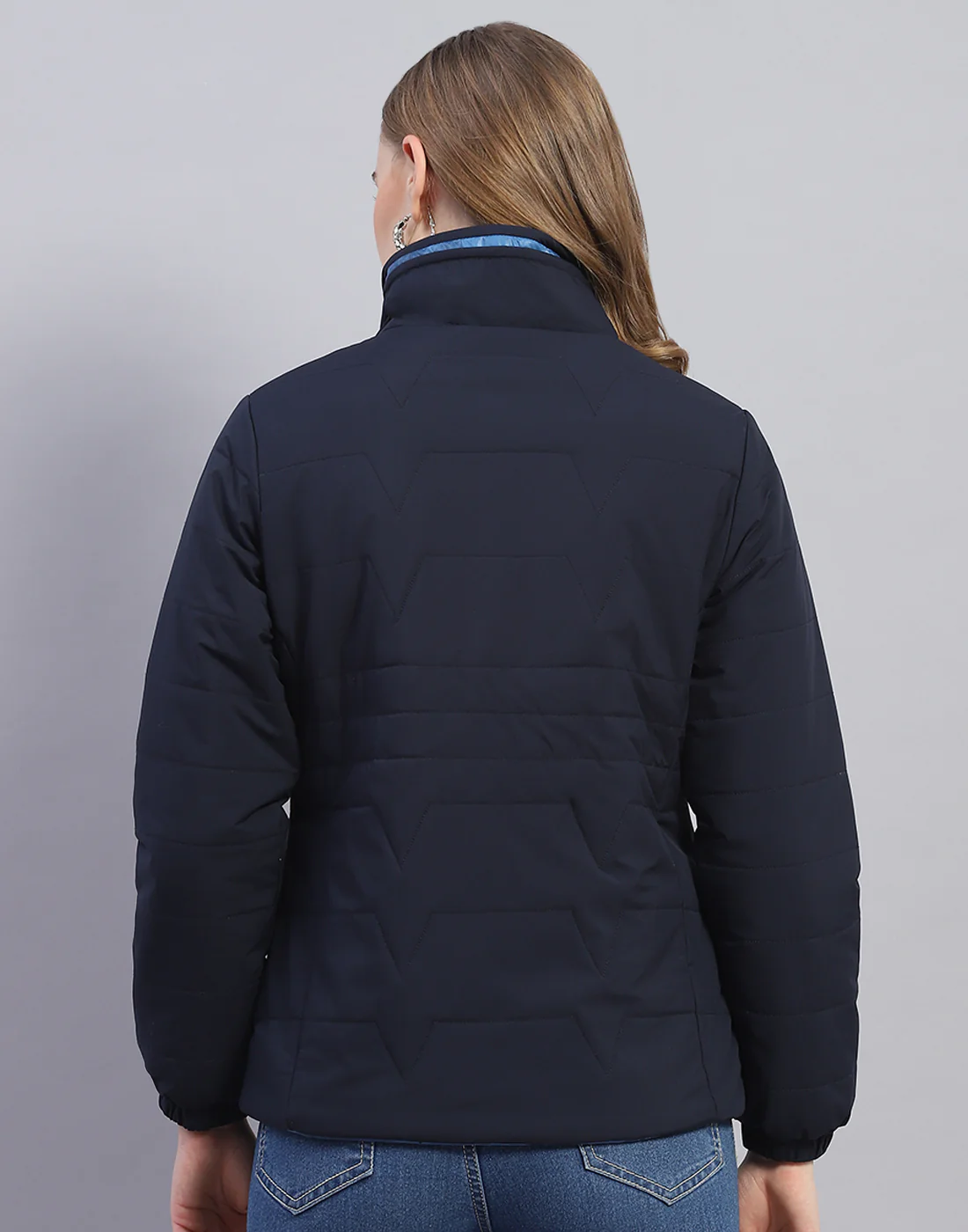 Women Navy Blue Solid Stand Collar Full Sleeve Jacket - Image 5