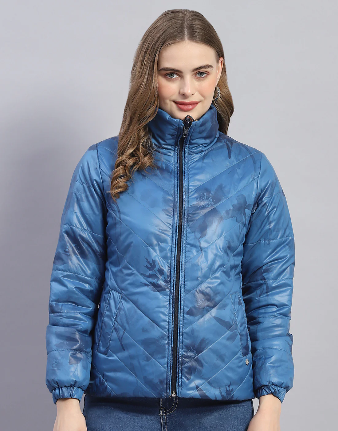 Women Navy Blue Solid Stand Collar Full Sleeve Jacket - Image 7